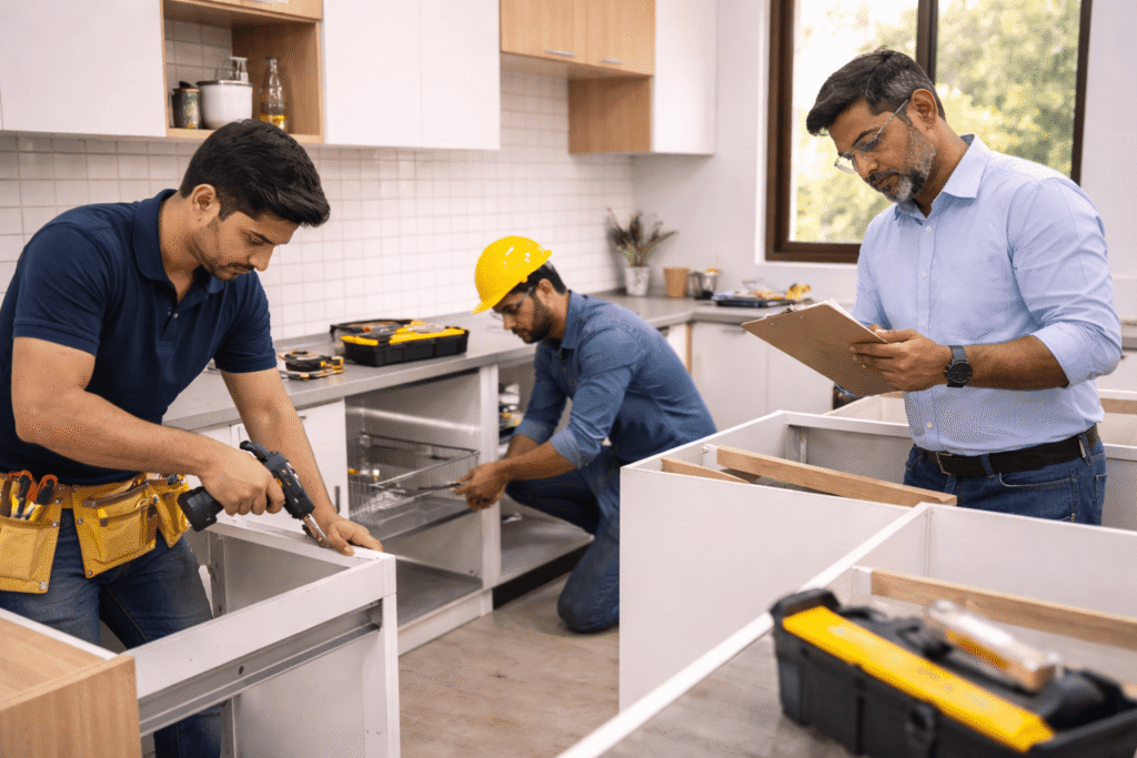 workers of diwija enterprises assembling in a modular kitchen site